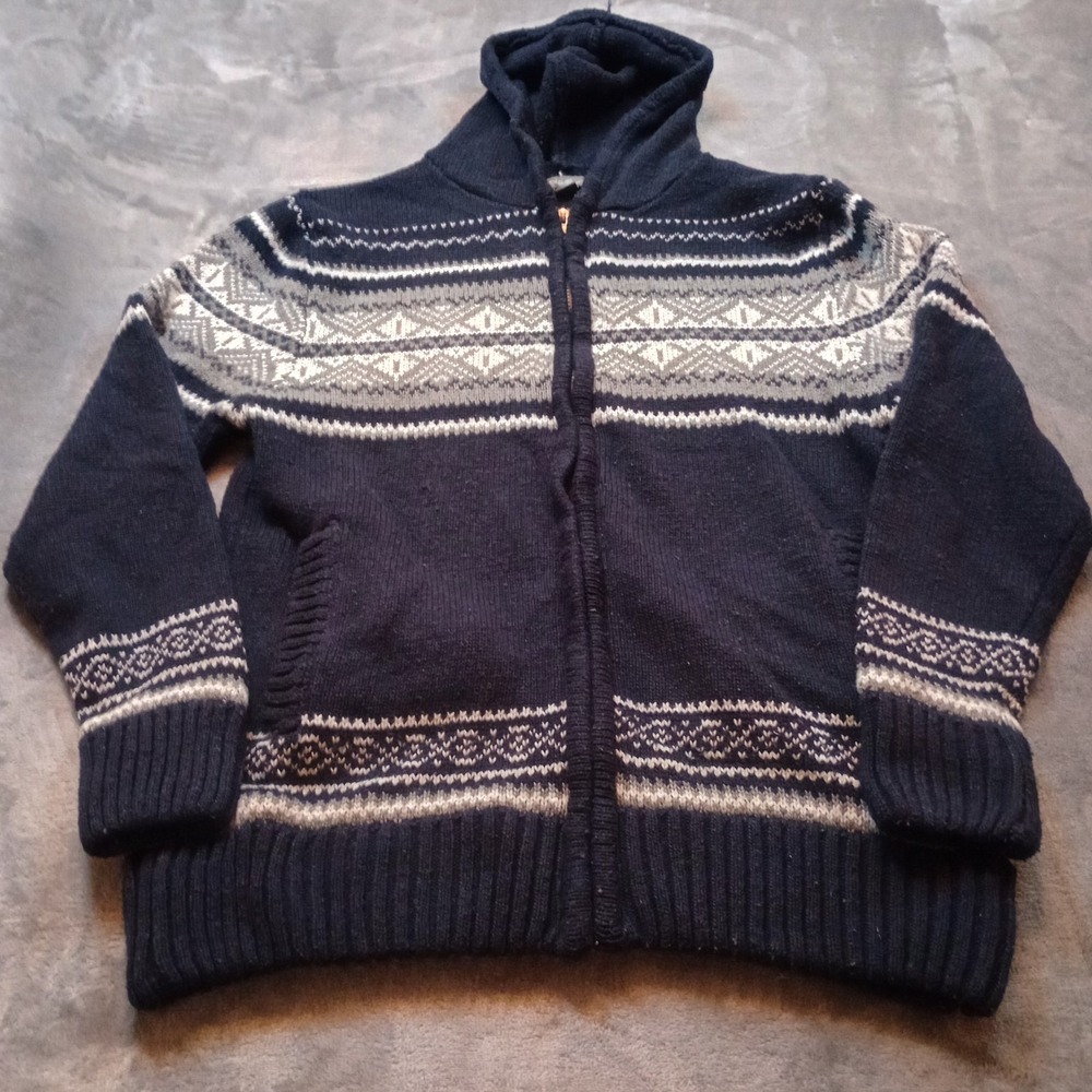 Eddie Bauer Full Zip‎ Cardigan Sweater Fair Isle Nordic Hooded Womens Size Large